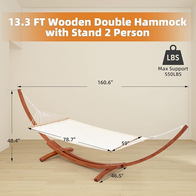 ECOTOUGE 13 FT Hammock with Stand for Outside, 2 Person Heavy Duty Wooden Hammock Stand, Large Hammock Bed for Porch, Patio, Balcony, Garden, Backyard, White-Yellow