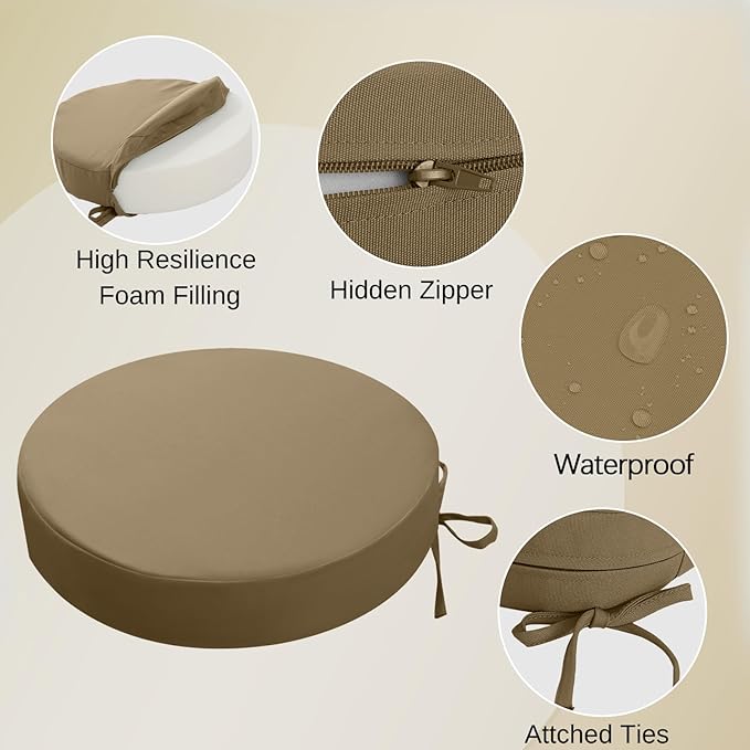 idee-home Outdoor Bistro Chair Cushions, 15”x15”x 3” Thick Outdoor Round Seat Cushions Set of 2 with Ties, Waterproof Round Patio Furniture for Garden