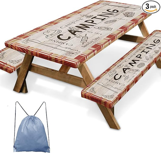 Picnic Table Cover with Bench Covers Elastic Edges, Red Camper Fitted Table Cover, Outdoor Patio Camping Essentials 72 Inch 3PCS, Waterproof Camping Fitted Tablecloth with Drawstring Bag