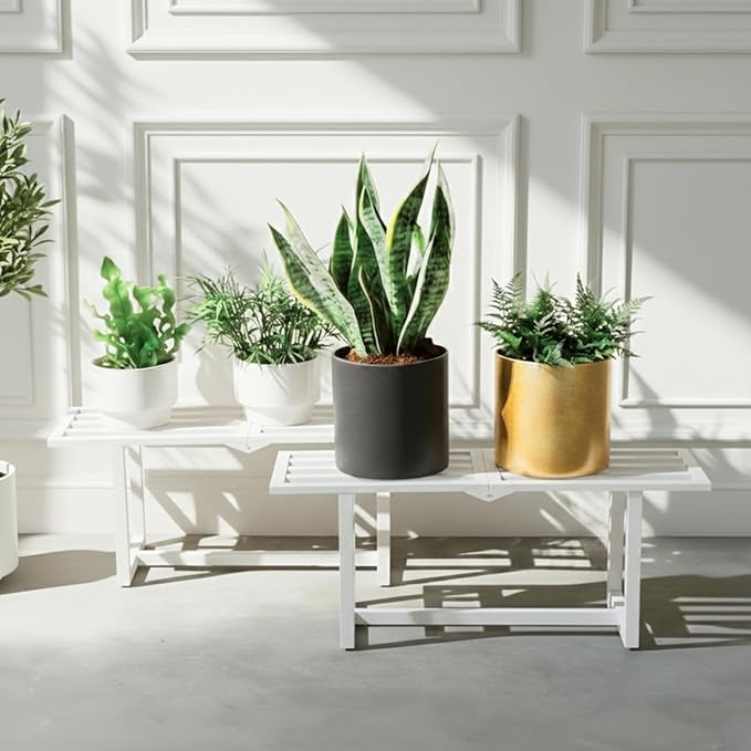2 Pack Metal Plant Stand, Foldable Heavy Duty Indoor, Window Iron Plant Shelf - Mid Century Modern Slatted Bench for Patio, Garden, Living Room Load Bearing 330 lbs 26" L x 10.4" H x 8.6" W 1 Tier White