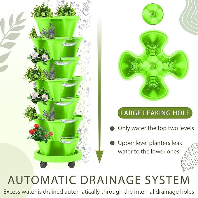 Umigy 1 Set Light Green 7 Tier Vertical Planter Stackable Tower Planters Strawberry Herb Flower and Vegetable Pots Indoor Outdoor Gardening Pots with Removable Wheels and Tools