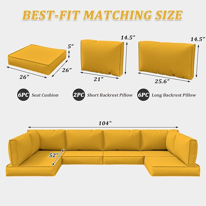 14-Piece Outdoor Cushions for Patio Furniture Thick Outdoor Chair Cushions 5" Foam High-Density Water-Resistant Deep Seat Cushion for 6-Seat Sectional Sets Liner&Cover Yellow