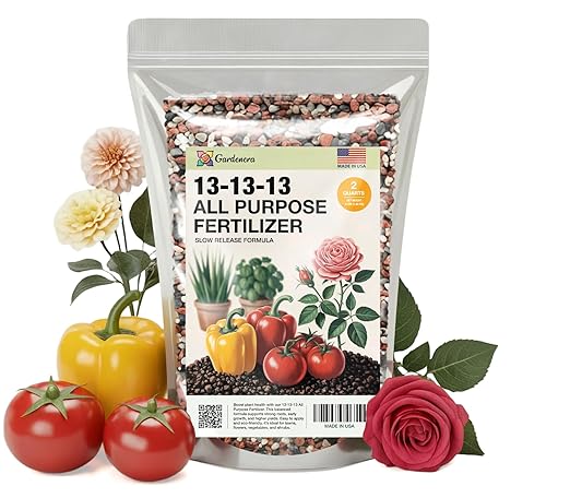 Gardenera 13-13-13 Slow Release Granular Fertilizer – All Purpose Plant Food 13 13 13 for Outdoor Grass, Vegetables, Roses, Flowers, Shrubs, Trees. Lawns, Gardens, Potted Plants (2 Quarts)