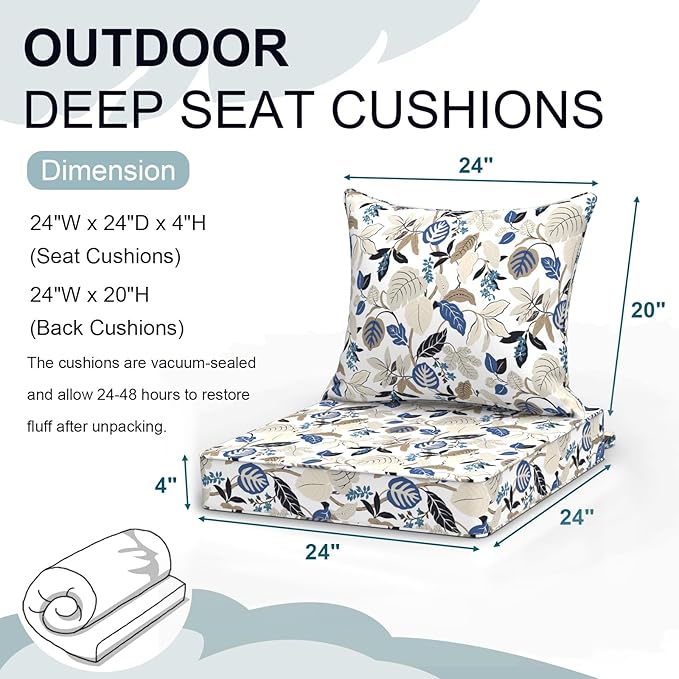 Outdoor Deep Seat Cushion Set, Water Repellent 24"x24" Patio Thick Cushions Replacement with Seat & Back Pillow for Patio Sofa, Wicker Chair, Couch - Breeze Leaves Beige