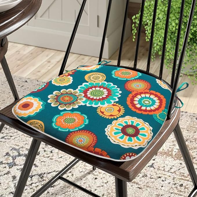 Magpie Fabrics Outdoor/Indoor 17"x16"x2" Chair Cushions with Ties Set of 2, Waterproof All Weather U-Shape Seat Pads Decoration for Patio Garden Furniture Home Office (Floral Green)