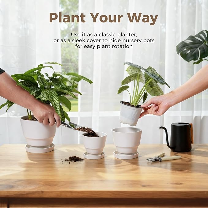 Bamworld Plant Pots Planters for Indoor Plants Flower Pots with Drainage Holes 3.5/4.9/6.3 Inch Set of 3 Plastic Planters for Outdoor Plants Garden Office Room Home Decor Textured White