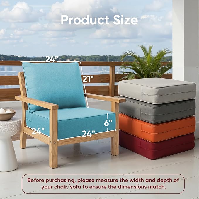 Outdoor Chair Cushion Set, 24x24 Waterproof Patio Chair Cushions, 6" Thickened Seat Cushions for Outdoor, Include 1 Seat Cushion and 1 Back Cushion, Thick/CyanBlue