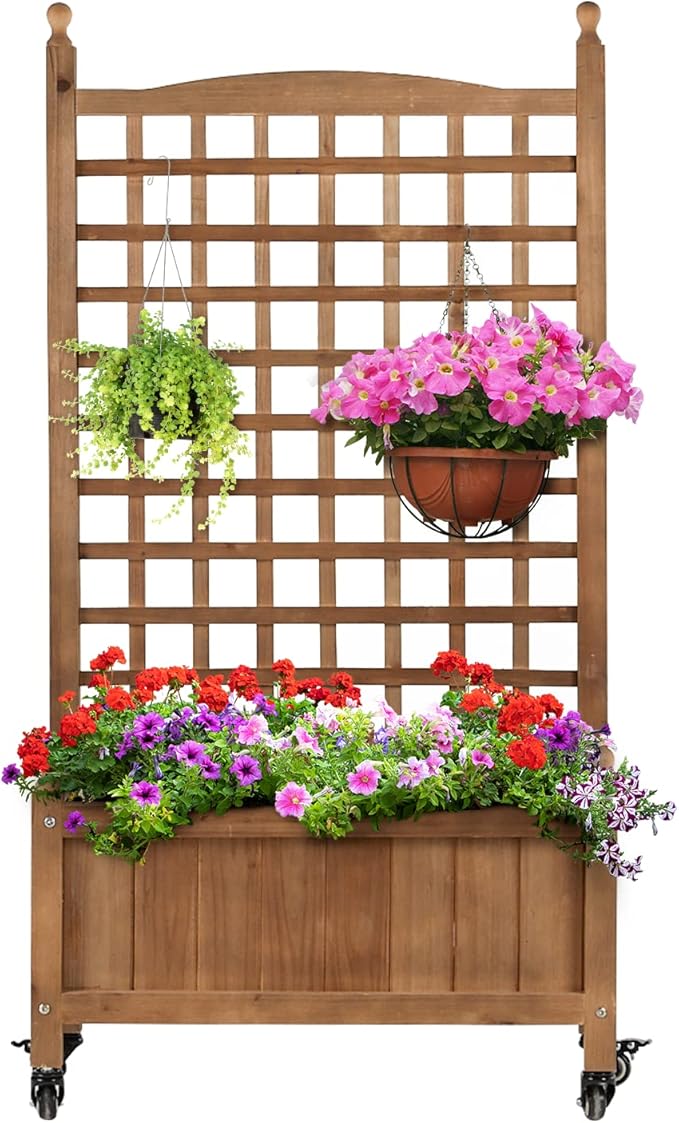 Idzo Raised Garden Bed with Trellis, Durable Oil Coated Planter with Trellis, 50 Inches Height Vertical Gardens Outdoors with Lockable Wheels and Convenient Non Woven Lining