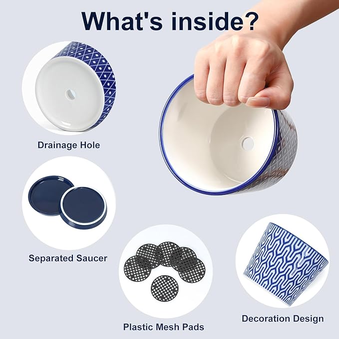 Selamica Ceramic Succulent Pots, 3.4 Inch Small Pots for Plants with Drainage Holes and Saucers, Succulent Planters for Indoor Plants, Cactus, Home Decor, Set of 4, Vintage Blue