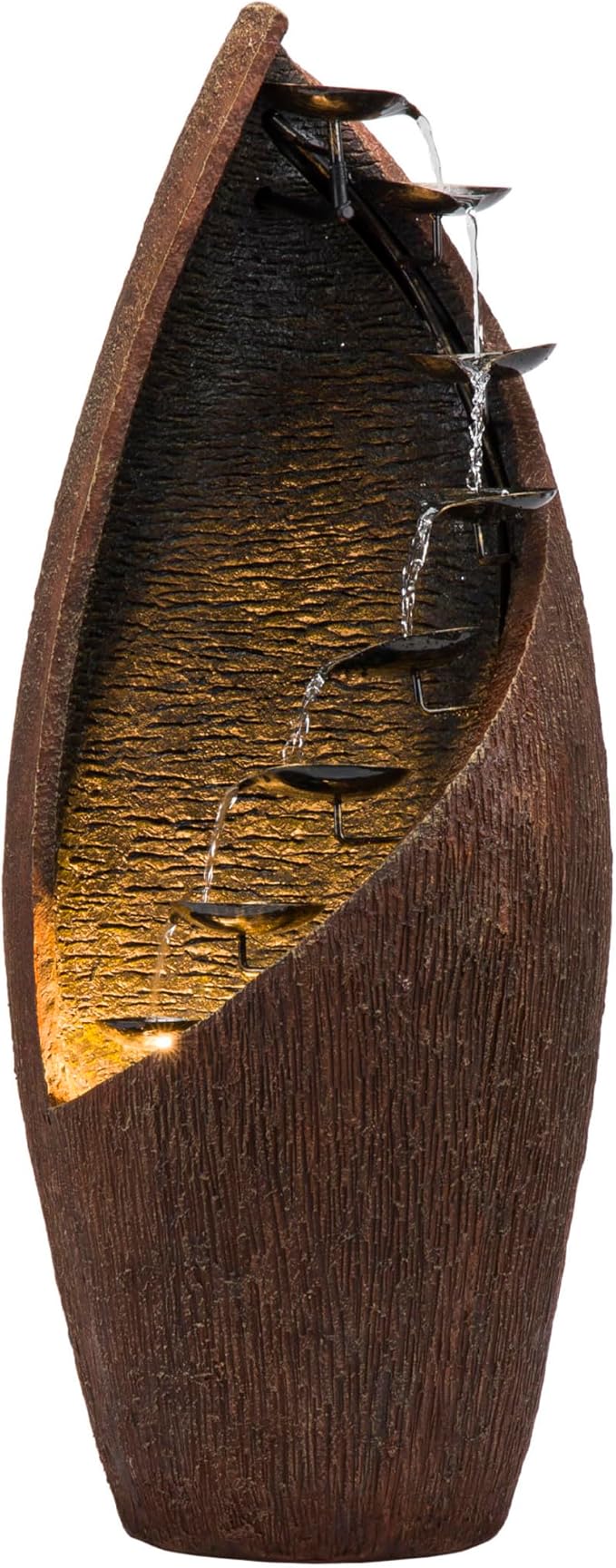 Alpine Corporation 43" Tall Outdoor Floor Contemporary Tiered Bronze Metal Water Fountain with LED Lights, Stylish Outdoor Water Feature for Garden and Patio Decor, Brown