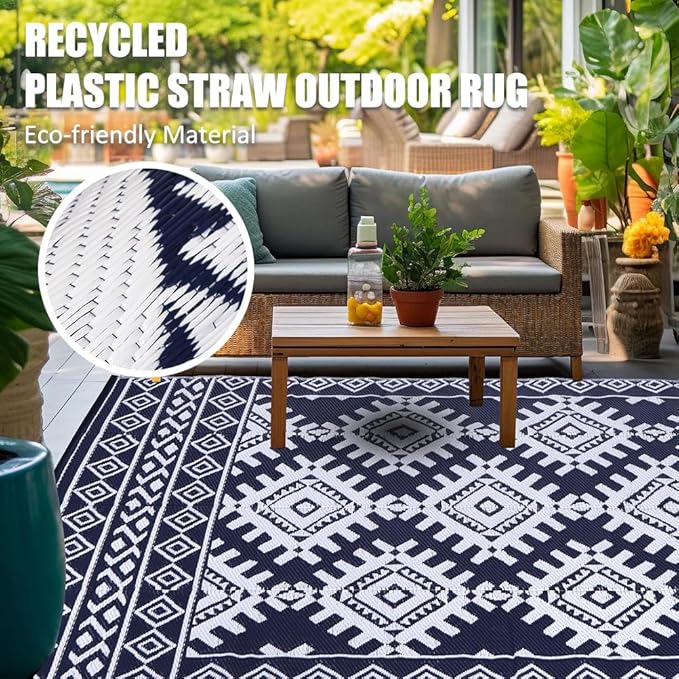 Pendolr 5’x8’ Outdoor Rug Waterproof Carpet Patio Mat Outdoor Plastic Straw Rug Camping Rug Reversible Outside Outdoor Area Rug for Balcony Deck Backyard RV Picnic Beach Navy&White 03#