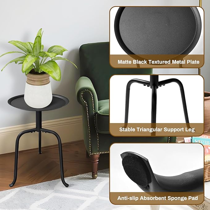 Plant Stand Indoor Outdoor, 11'' Round Black Mid Century Single Plant Table, 3-Leg Small Metal Plant Holders Flower Pot Stand, Modern Round Small Side End Table with Raised Design
