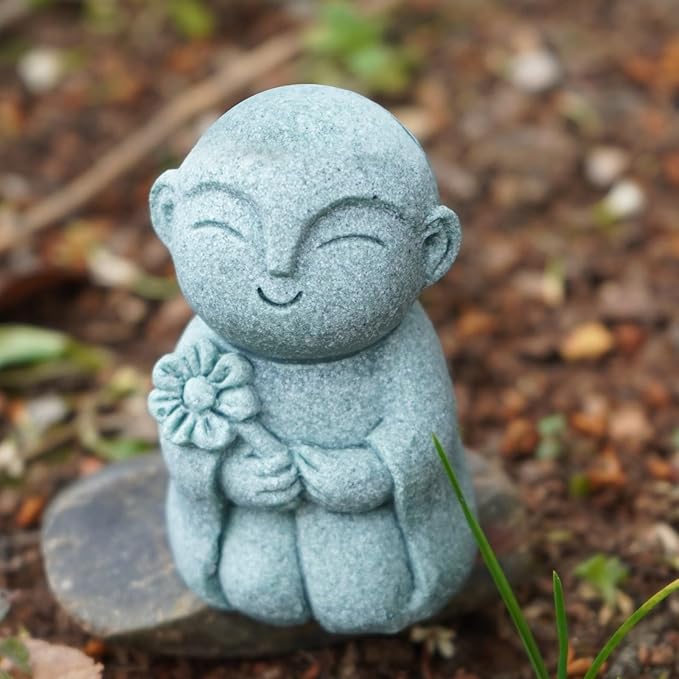 OwMell Japanese Jizo Monk Statue, Buddha Jizo Figurine Memorial Aquarium Statue Ornament - Flower