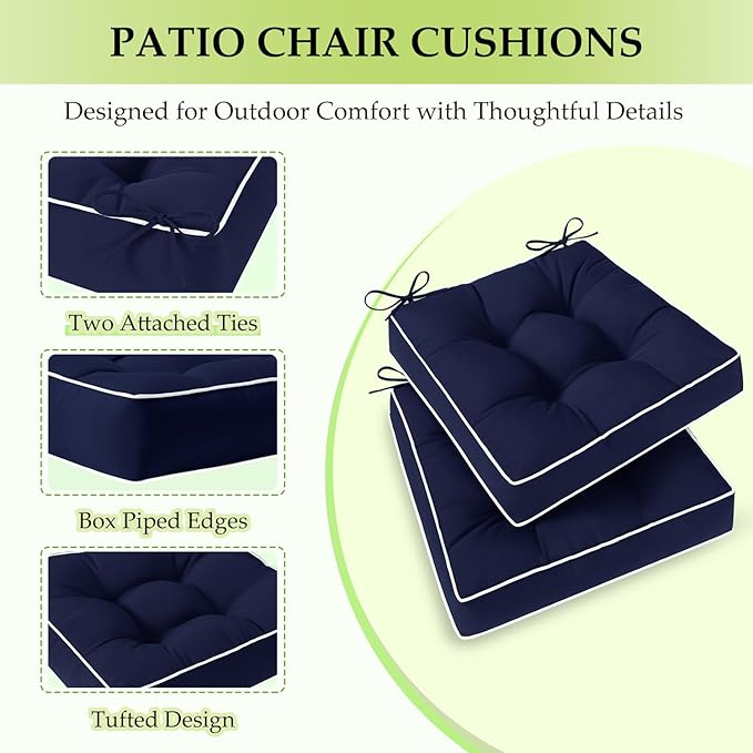 HARBOREST Outdoor Chair Cushions Set of 2, Tufted Patio Chair Cushions with Ties, Square Corner Outdoor Cushions for Patio Furniture, Lawn Chairs, Wicker Chairs, 19" x 19" x 5", Navy