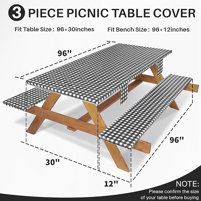 3 Piece Fitted Elastic Picnic Table Cover with Bench Covers 96x30 Inch Weather Proof Outdoor Table Cloth Summer Motorhome Patio Vacation Things White Elephant Gifts for Her Who Have Everything