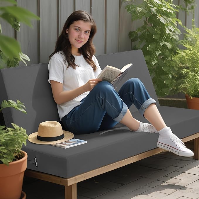 idee-home Outdoor Bench Cushion Waterproof, Bench Cushions for Outdoor Furniture, Patio Porch Swing Replacement Seat Pad with Ties for Garden Backyard, 42 x 18 Inch Dark Grey