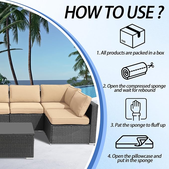 Outdoor Cushions for Patio Furniture,14Pieces Water-Resistant Replacement Cushions Fits 6-seat Sectional Rattan Conversation Set,Sofa Cushion for Patio,Liner&Cover(Beige)