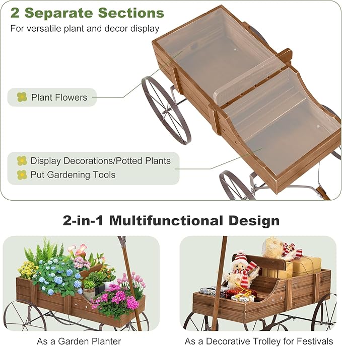 Wooden Wagon Planter, Decorative Garden Wheelbarrow Planter with 2 Planting Sections, Rolling Wheels, Adjustable Handle, Small Wagon Cart Planter Stand for Flowers Vegetables Herbs (Brown)
