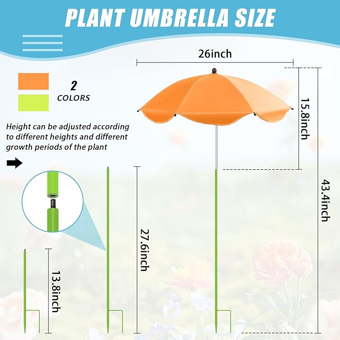 2 Pack Upgraded Plant Umbrellas for Outdoor Plants, 26" Larger Garden Plant Umbrella Shade with Adjustable Angle, 43.4" Higher Sun Shade for Plants, Potted Plant, Garden Beds (Green, Orange)