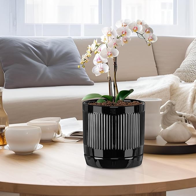 Vanavazon 6 Inch Glazed Ceramic Plant Pots Indoor with Drainage Hole and Saucer, Cylinder Indoor Planters for All House Plants, Modern Decor for Home & Office, Set of 2 (Black)