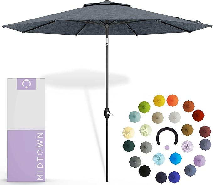 Midtown Umbrellas - 10-Year-No-Fade 10 Ft Patio Umbrella with Terylast Fabric, Auto-Tilt Aluminum Frame and 8 Reinforced Ribs for Deck, Pool, Garden & Beach - Heather Grey Canopy, Black Pole