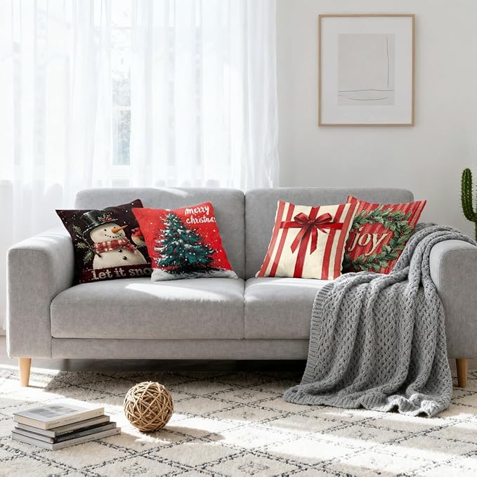 Christmas Vintage Pillow Covers 18x18 inch Set of 4, Snowman Tree Wreath Gift Red Art Cushion Case Outdoor Sofa Throw Pillows Cover Garden Pillow Covers for Couch Living Room Bed Indoors Home Decor