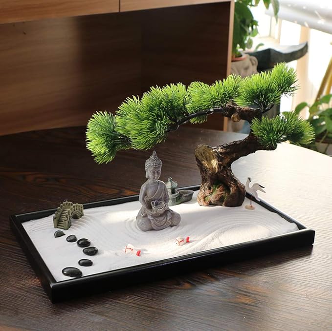 BangBangDa Japanese Zen Garden Kit for Desk - Meditation Rock Sand Garden for Birthday Gift Office Home Desktop Relaxation Decor Bamboo Rakes Bonsai Tree Pagoda Accessories Tools Kits