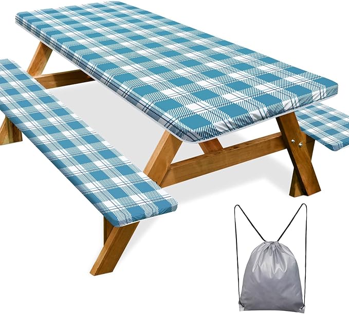 Picnic Table Cover with Bench Covers 6FT 3 Pcs Waterproof Windproof Aesthetic Camping Tablecloth with Drawstring Bag, Fitted for 6 Foot Rectangle Tables and Seats, 72 inch, Teal Checkered