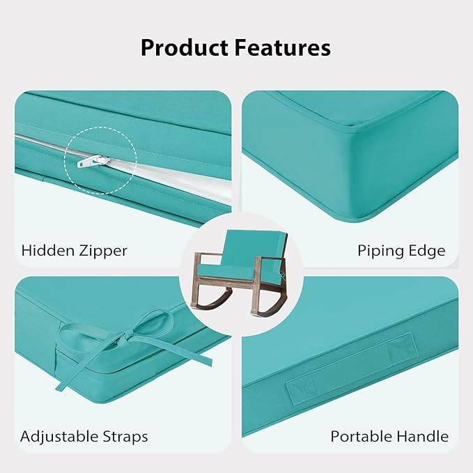 Waterproof Outdoor Chair Cushions 24x24, Memory Foam Outdoor Cushions for Patio Furniture with Removable Cover, Deep Seat Cushions for Outdoor Furniture with Ties and Handle, Teal