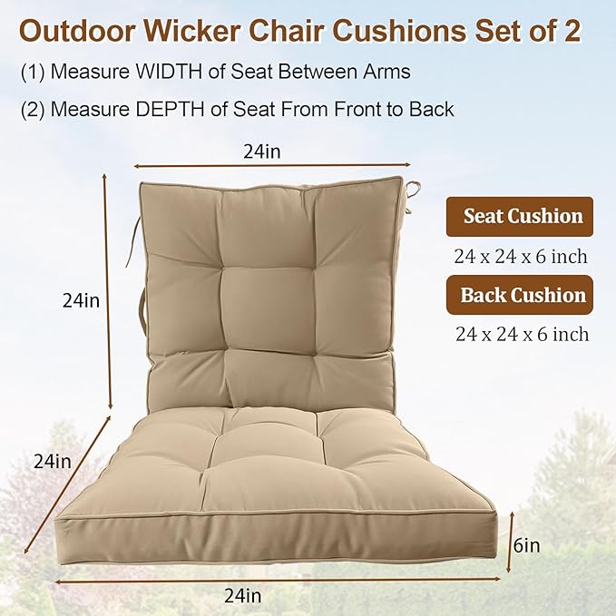 2 Piece Outdoor Patio Chair Cushions, Fade Resistant Outdoor Cushions for Patio Furniture, 6 inch Thickened Rocking Chair Cushions Set (Khaki, 24x24x6 inch - 2 Pieces)