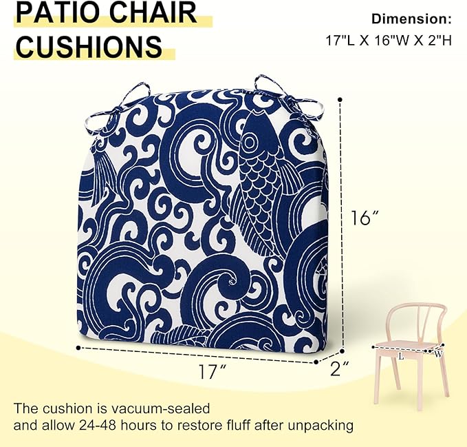 downluxe Outdoor Chair Cushions Set of 6 for Patio Furniture, Water-Resistant Patio Chair Cushions with Ties, High Density Foam Outdoor Seat Cushion, 17" X 16" X 2", Blue Carp