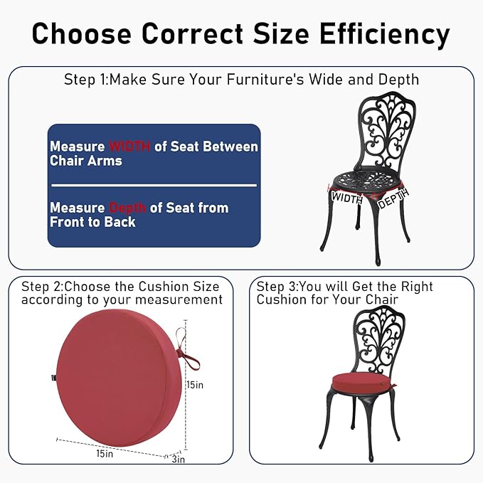 Topotdor Outdoor Bistro Chair Cushions Set of 2, 15"x15"x3" Waterproof Patio Chair Cushions for Outdoor Furniture, Round Outdoor Seat Cushions Color Fastness Chair Pads with Ties, Bright Red