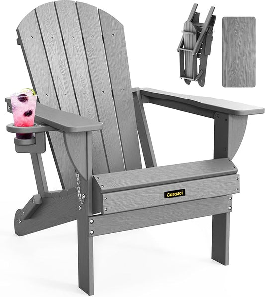 Carauci Plastic HDPE Adirondack Chair, Folding Adirondack Chair Weather Resistant with Cup Holder, Wooden Textured Fire Pit Outdoor Chair for Garden, Porch, Lawn, Backyard, Supports 380LBS, Grey