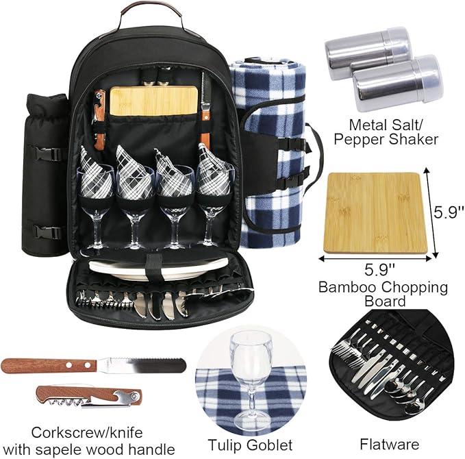 Sunflora Picnic Backpack for 4 Person Set Pack with Insulated Waterproof Pouch for Family Outdoor Camping (Black)