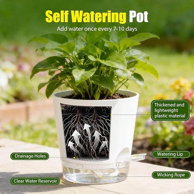 Plant Pots 5 Inch Self Watering Pots,6 Pack Plastic Planters with Drainage Holes and Clear Saucers,Plastic Flower Pots,Nursery Planting Pot for Indoor Out Door Plants (White)