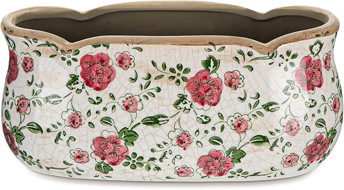 8.6" Large Vintage Ceramic Planter Ice Cracked Farmhouse Rectangle Pots with Drainage Hole Pots for Indoor Outdoor Plants Home Kitchen Windowsill Office Shelf Rustic Decor Gift(Rose)