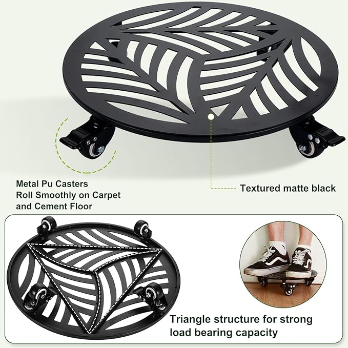 1 Pack 16 inches Extra-large Metal Plant Caddy with Wheels Heavy-duty Iron Rolling Plant Stand with Casters Indoor Outdoor Wheeled Plant Roller Base Pot Movers Plant Dolly Coaster Trolley Black