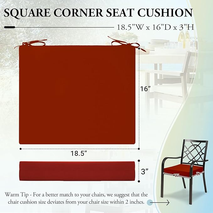 Wellsin Outdoor Chair Cushions for Patio Furniture - Outdoor Cushions for Chairs - Water Resistant Patio Chair Cushions Set of 4, 18.5"X16"X3", Brick Red