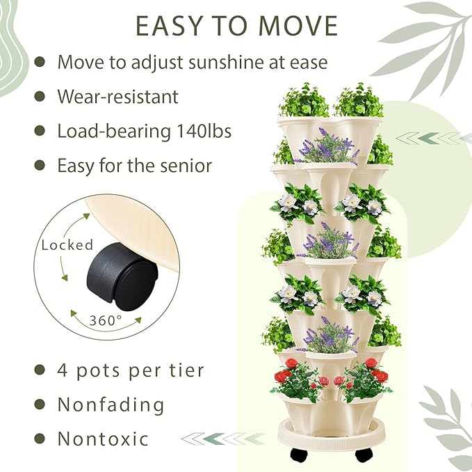 Umigy 1 Set Beige 7 Tier Vertical Planter Stackable Tower Planters Strawberry Herb Flower and Vegetable Pots Indoor Outdoor Gardening Pots with Removable Wheels and Tools