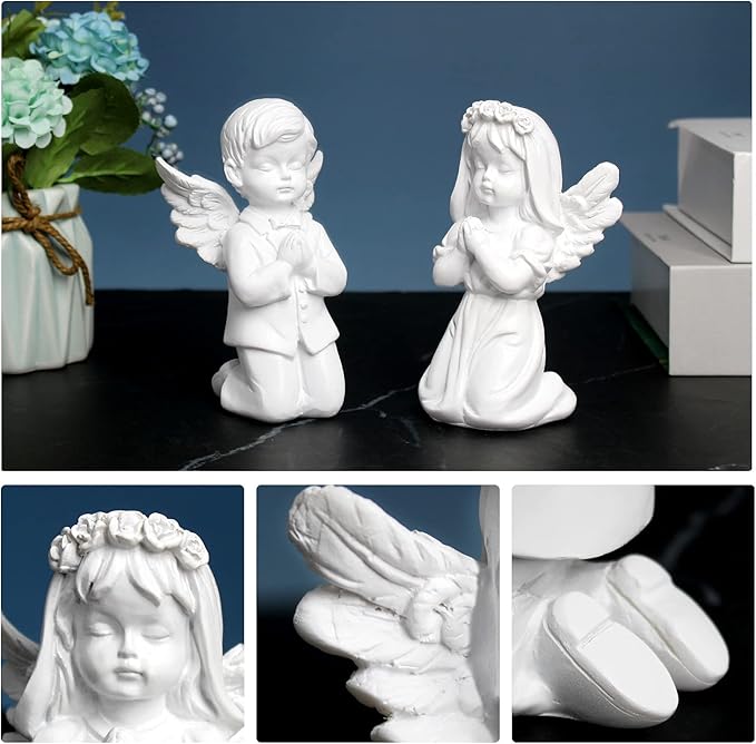 YUEOECOR 2PCS Cherubs Angels Resin Garden Statue Figurine, Adorable Angel Sculpture Memorial Statue Indoor Outdoor Home Garden Decoration (A 2PCS White)