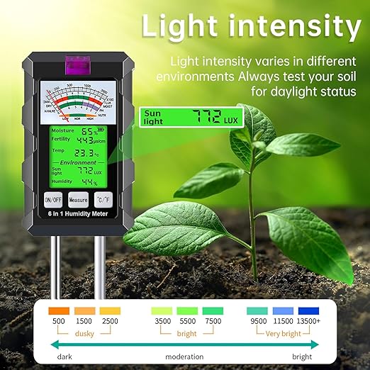 6-in-1 Soil Moisture Meter, Hygrometer for Plants with Soil Moisture, PH Meter, Temperature, Sunlight, Fertility, Environmental for Farming, Gardening (2*AAA Battery Needed)