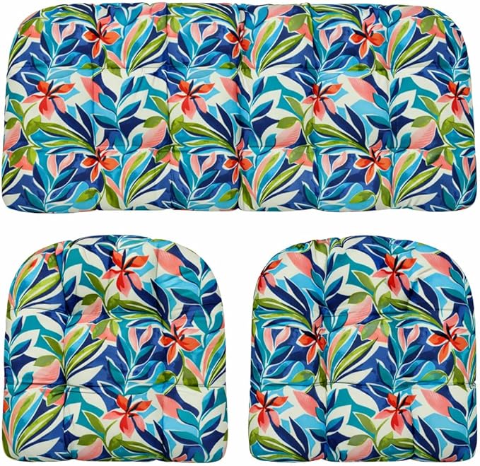 RSH DECOR: 3-Piece Tufted Wicker Cushion Set -41”x19 & 19"x19" Outdoor Wicker Loveseat Cushions & U-Shape Chair Cushions for Patio Furniture - All-Weather Spun Fabric (SOMAP Multi) - Made in USA