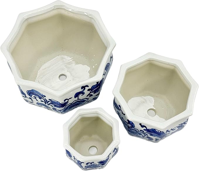 Galt International Blue & White Floral Porcelain Ceramic Decorative Flower Pot 8"/6"/4.5" Garden Pots Chinese Asian Design - Set of 3 Round Bulb Fluted