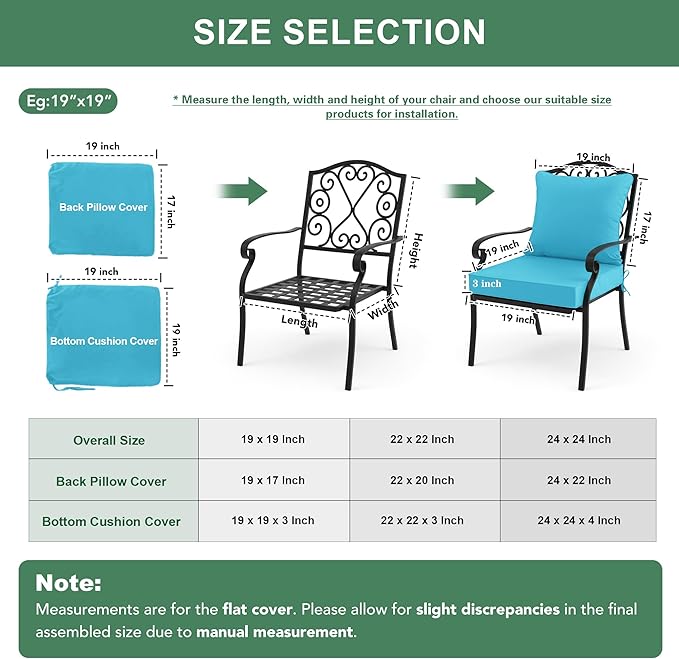 Waterproof Outdoor Cushions for Patio Furniture, Fade Resistant Backrest and Deep Seat Cushion Set with Removable Cover, 24 x 24 Inch, Teal, 1 Set