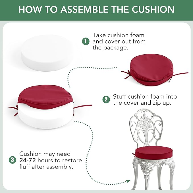 Outdoor Bistro Chair Cushions Set of 4, 15" D x 3" H Round Chair Cushions Waterproof and Fade Resistant Chair Cushion Pads with Non-Slip Ties and Removable Covers for Garden, Burgundy