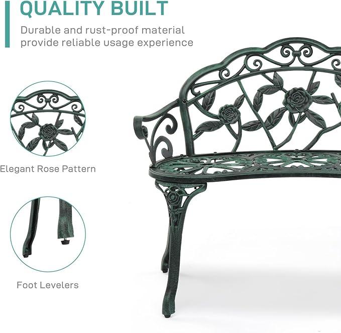 Outvita Outdoor Bench, 38"" Cast Aluminum Garden Bench Anti-Rust Weather Resistant Patio Bench Rose Pattern Bench for Front Porch, Backyard, Lawn, 1, Green