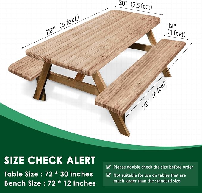 Picnic Table Cover with Bench Covers Elastic Edges, Brown Wooden Fitted Table Cover, Outdoor Patio Camping Essentials 72 Inch 3PCS, Waterproof Camping Fitted Tablecloth with Drawstring Bag