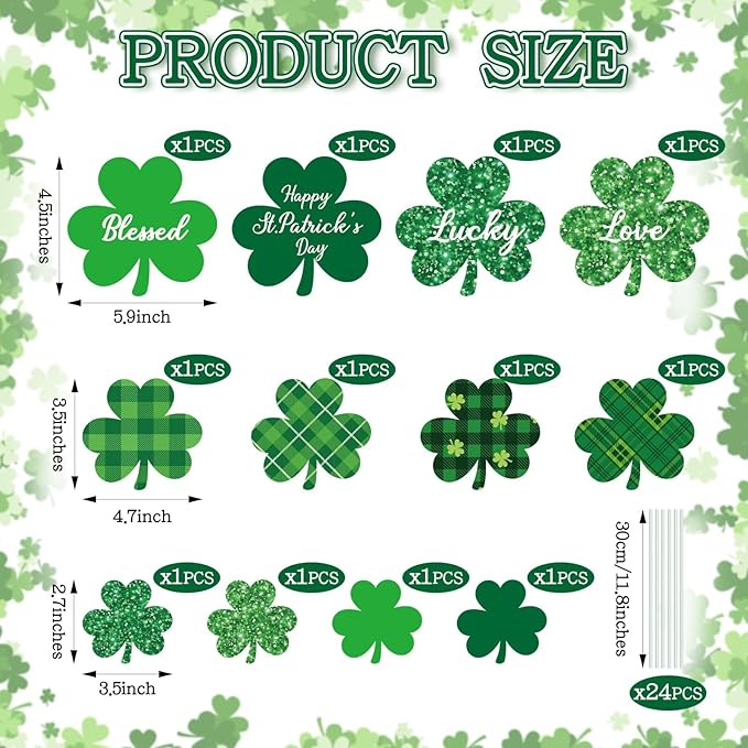 12 Pcs St. Patrick's Day Planter Stakes Shamrock Shaped Garden Signs Outdoor Decorations Decorative Green Plaid Lucky Clover Yard Stakes for St. Patrick's Day Irish Home Lawn Patio Porch