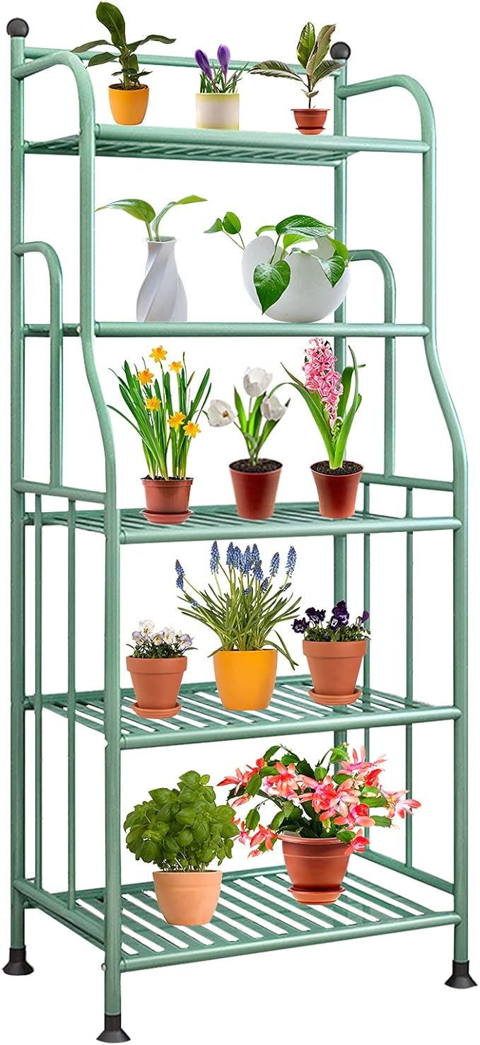 5 Tier Metal Plant Stand Iron Flower Pots Holder Storage Shelf, Planter Display Rack Indoor and Outdoor Multiple Shoe Organizer for Garden Balcony Living Room Kitchen Bathroom (Green)