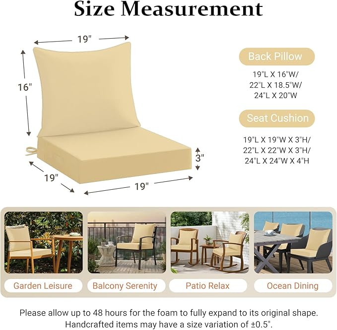 downluxe 19x19 Outdoor Chair Cushions, Waterproof Fade Resistant Patio Furniture Cushions with Handle & Removable Cover, Deep Seat Outdoor Cushions for Sofa, Couch and Patio Chairs, Khaki
